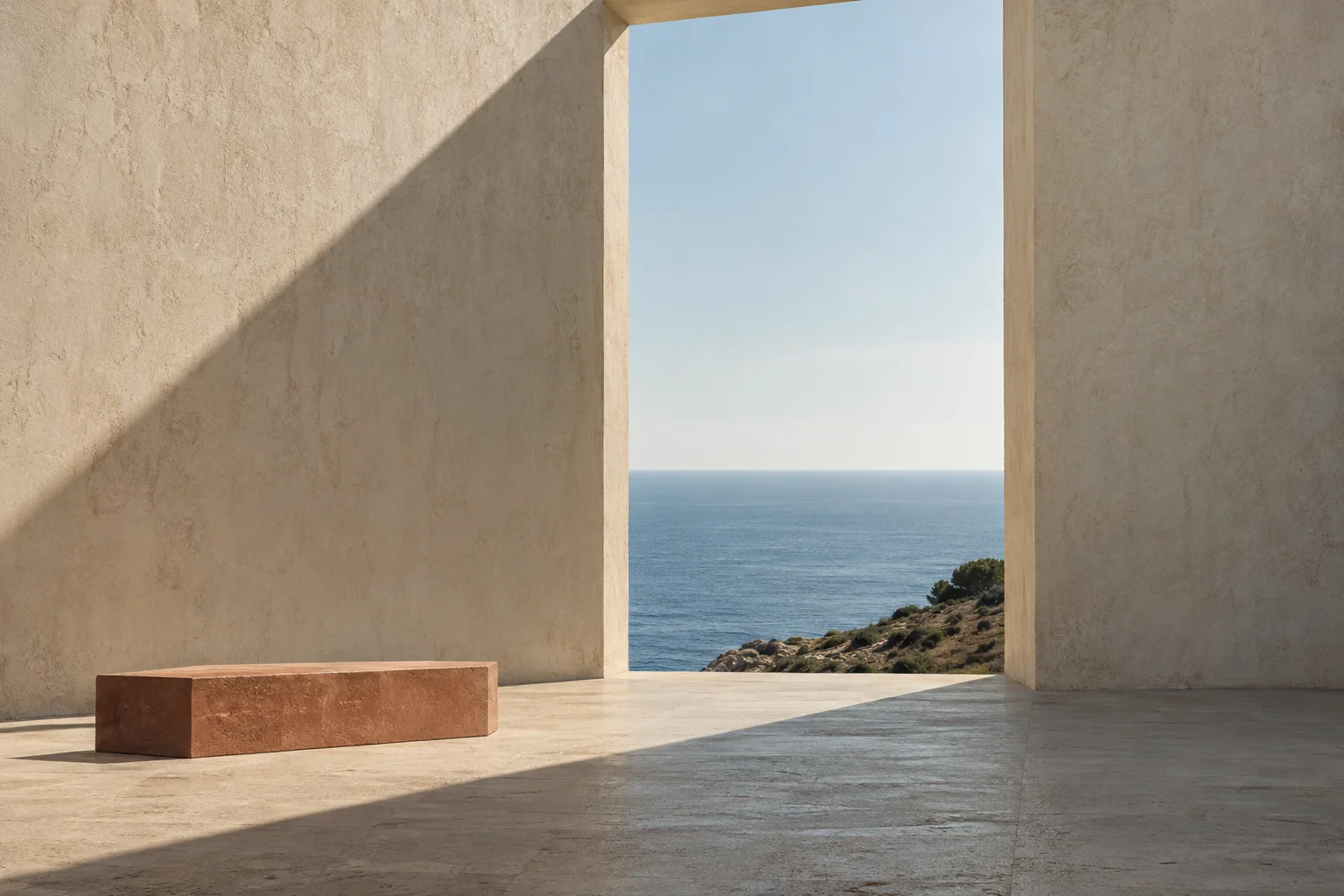Quiet coastal architecture and terracotta bench concept