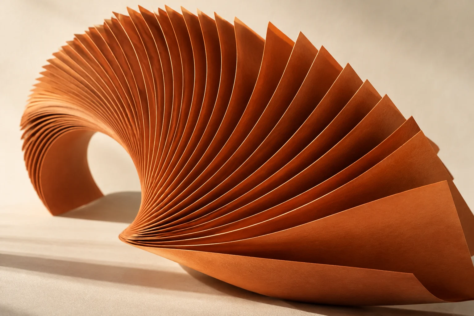 Sculptural paper folds in warm terracotta