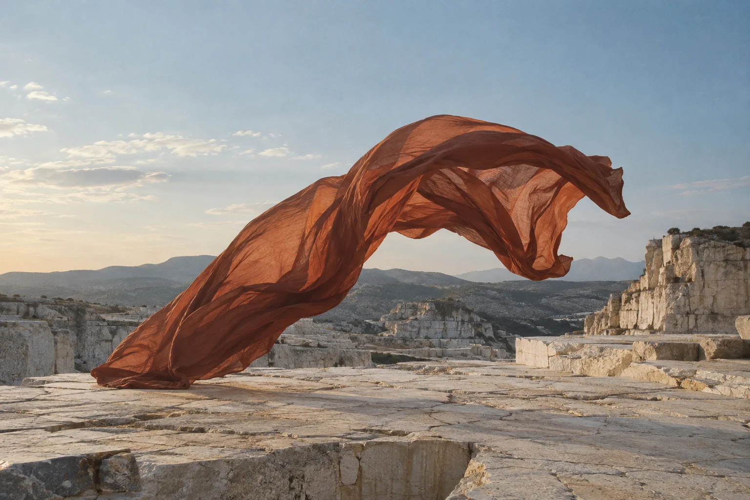 Terracotta fabric in a limestone landscape, an AI-assisted studio concept
