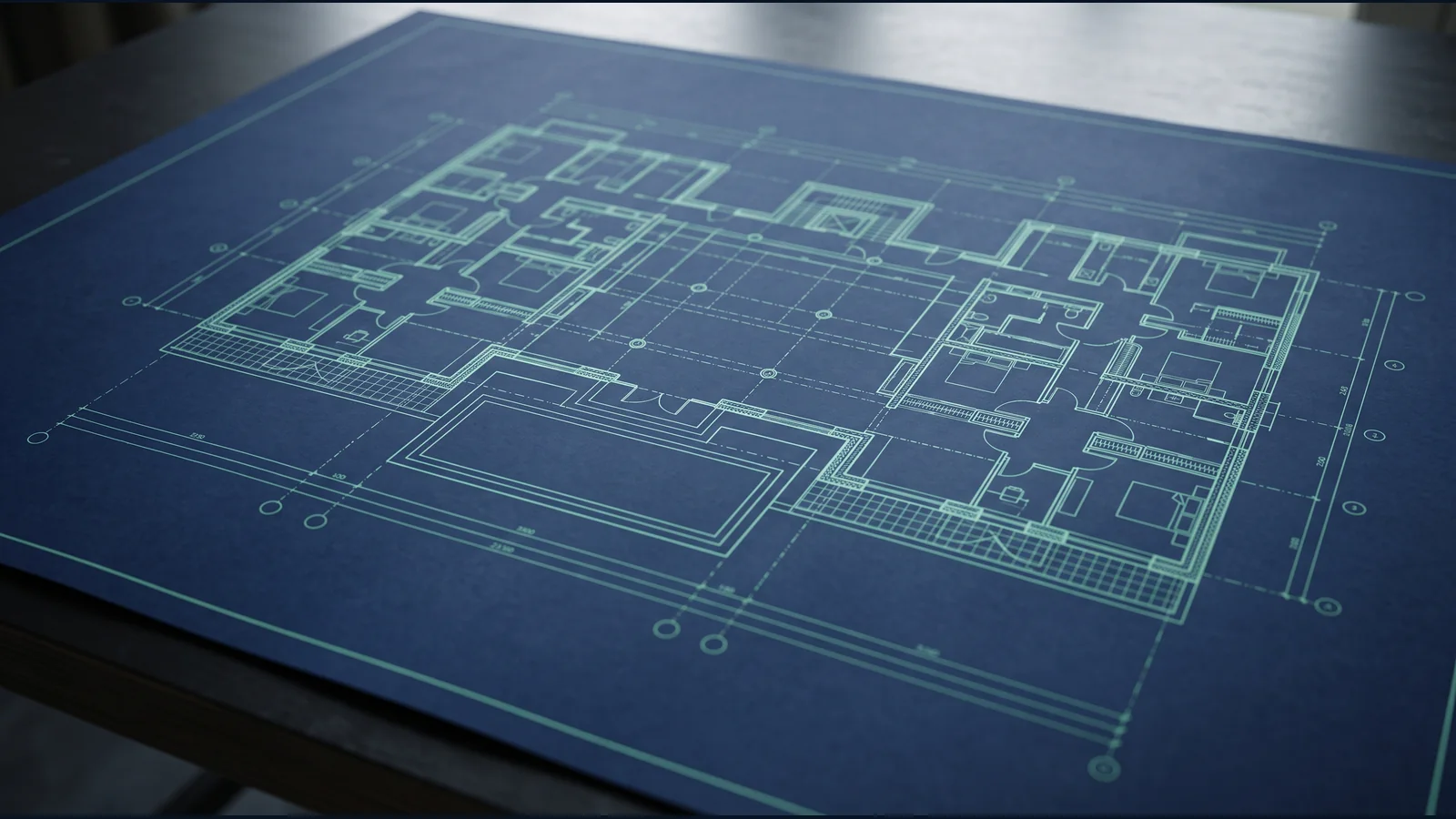 Flat architectural floor plan drawn in mint lines on navy drafting paper