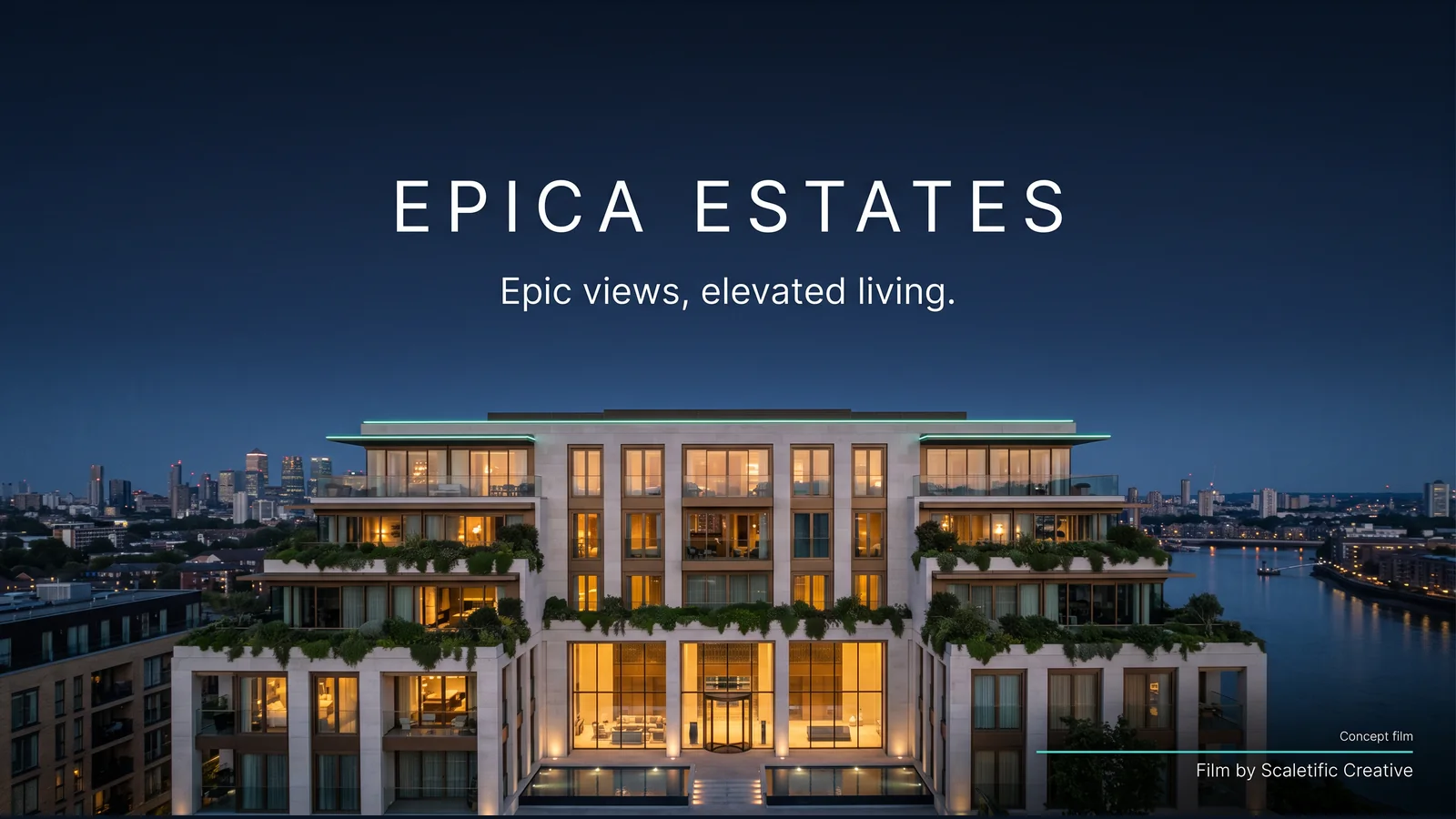 Limestone and bronze residential building at blue hour above the London skyline, with the Epica Estates end card in the sky