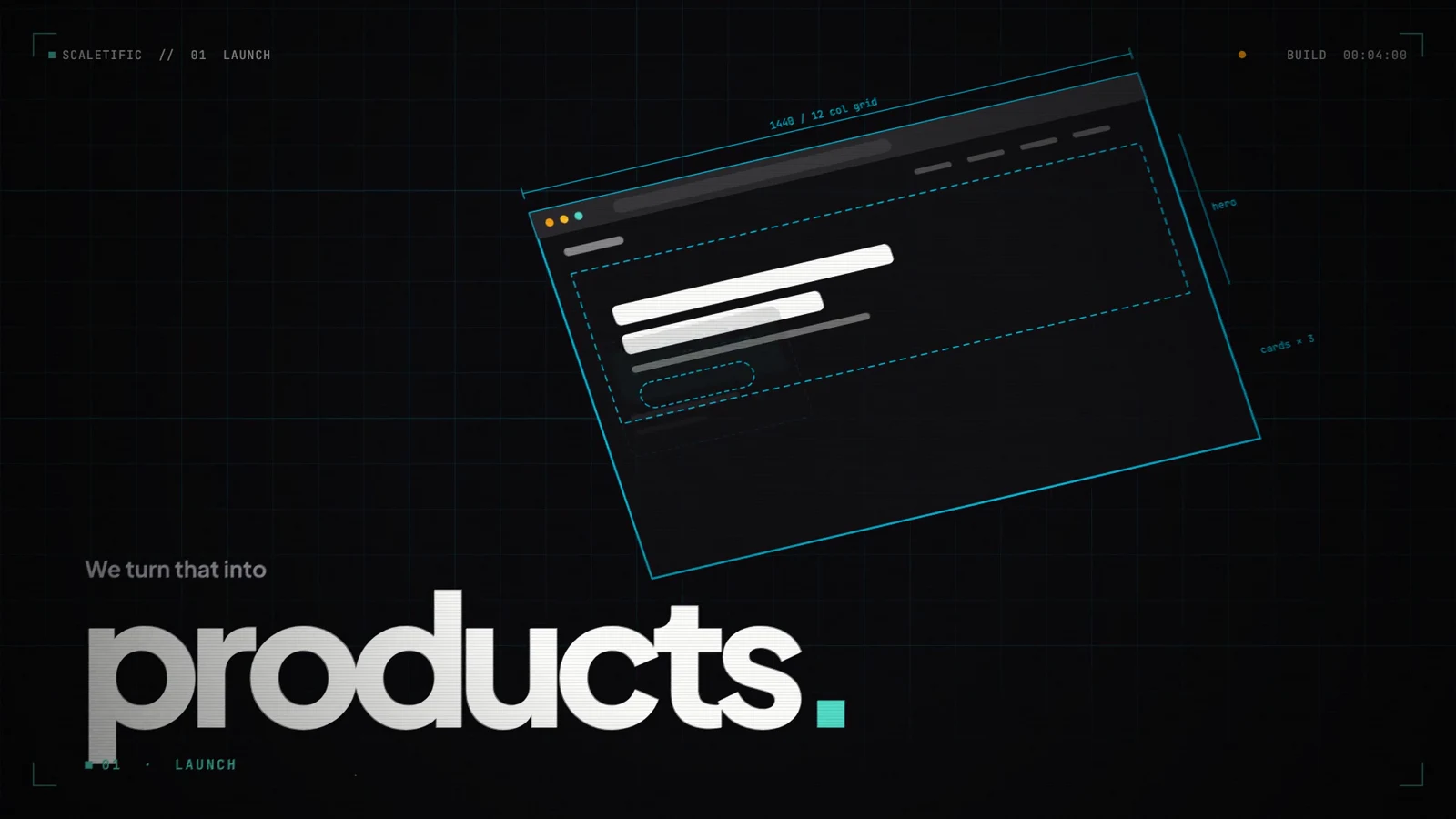 Products in bold white type beneath an animated website interface in teal and amber