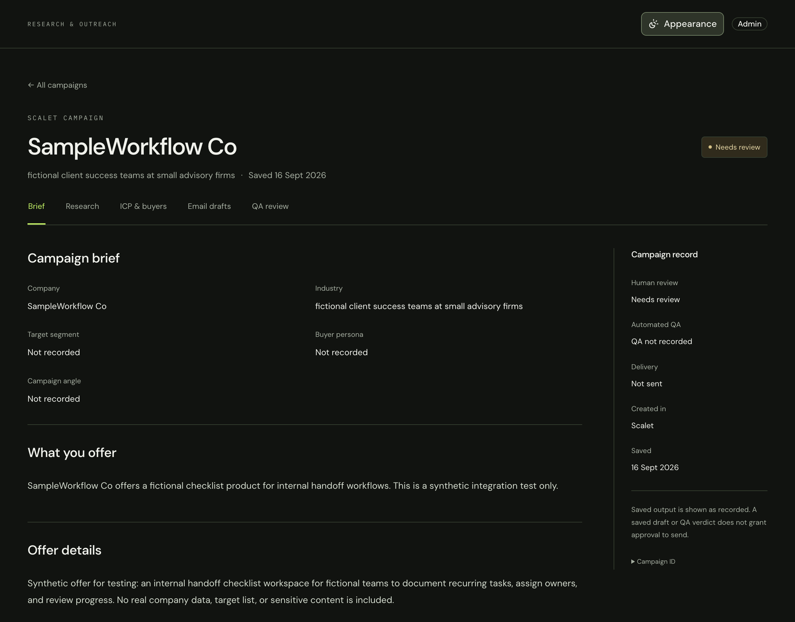 A saved campaign record showing human review status, automated QA status, delivery status and where the output was created.