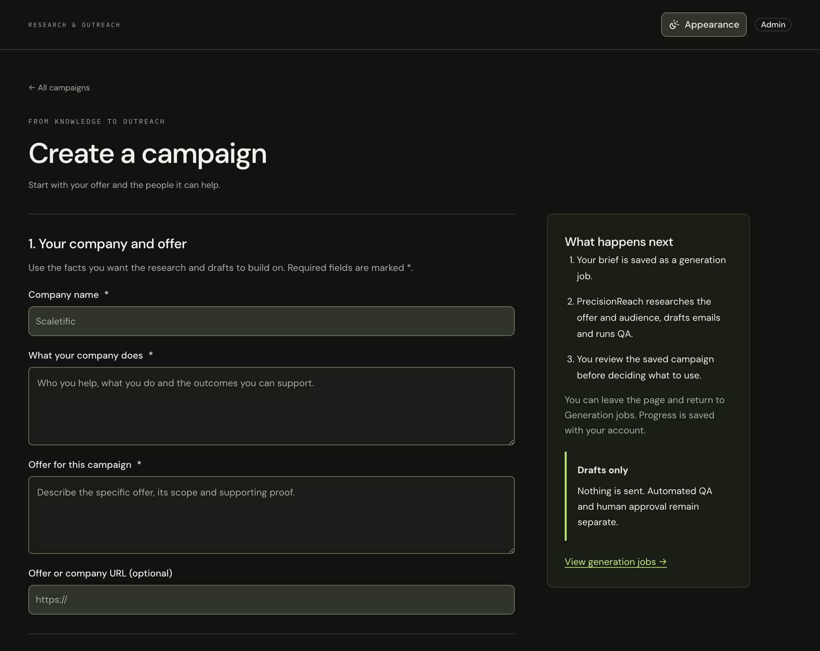 PrecisionReach campaign creation form showing an internal tool that creates drafts only and keeps automated QA and human approval separate.