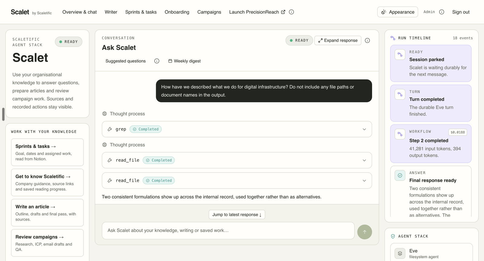 A question being answered, with each retrieval step listed as it completes and a run timeline recording tokens and cost.